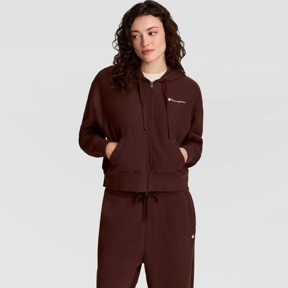 Champion Women's Cropped Hooded Fleece Zip-Up Hoodie - Chicory Coffee XL